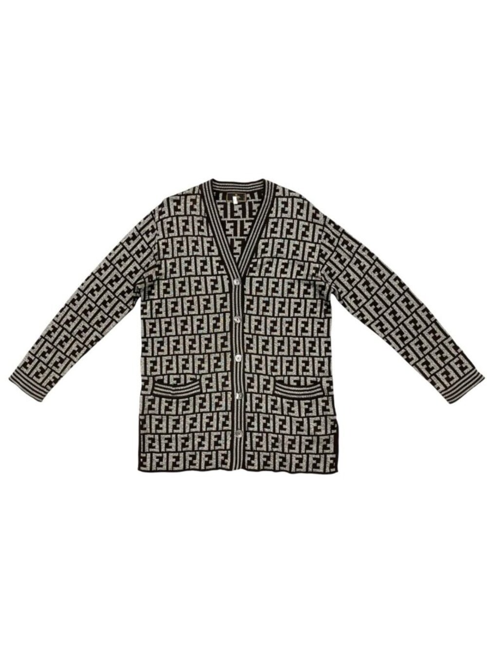 Fendi Cardigan Vintage Zucca Long Cotton Rayon FF Logo Brown